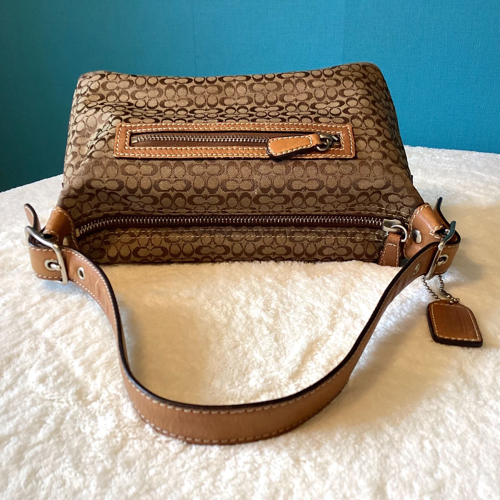 COACH コーチ ブラウンレザー×キャンバスシグネチャーポーチ リスト 