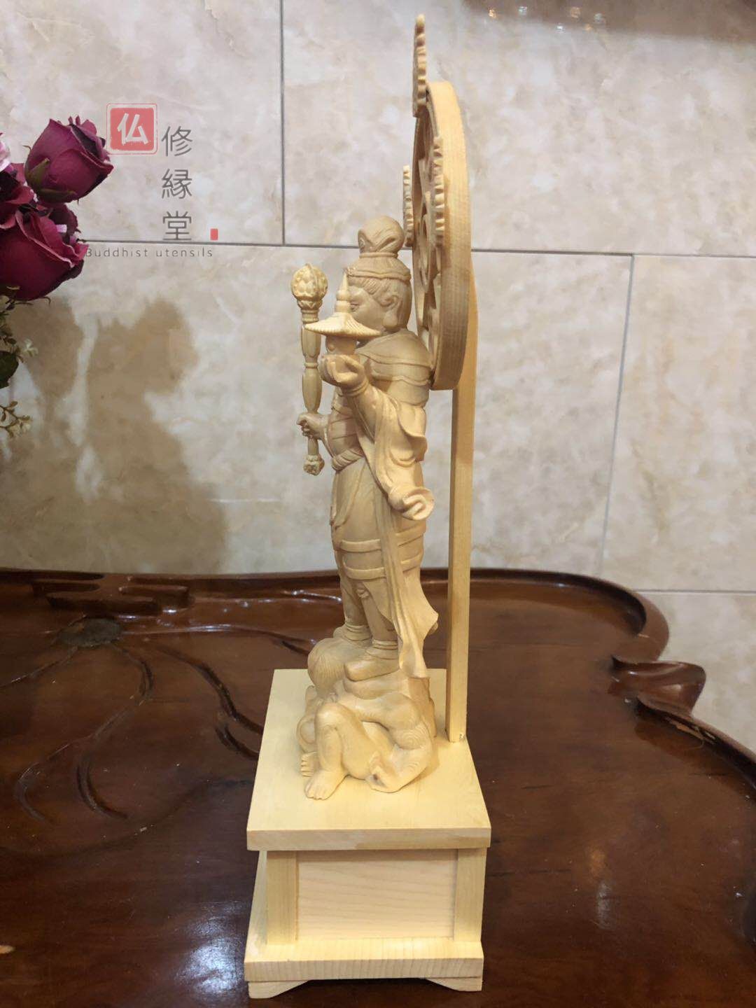 修縁堂】珍品 木彫り 仏像 毘沙門天立像 彫刻 一刀彫 天然木檜材 仏教 