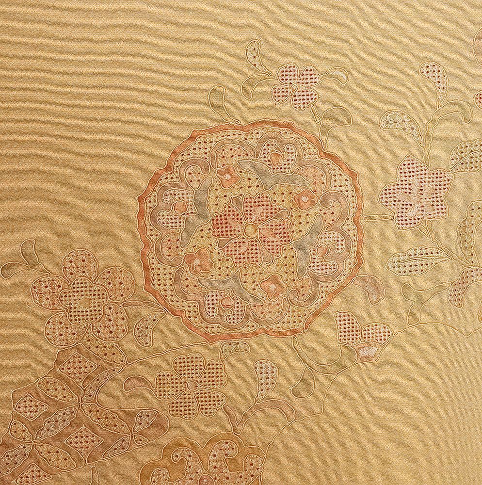 訪問着 袷 正絹 オレンジ 刺繍 正倉院文様 向い鳳凰 唐花 華文 Sサイズ