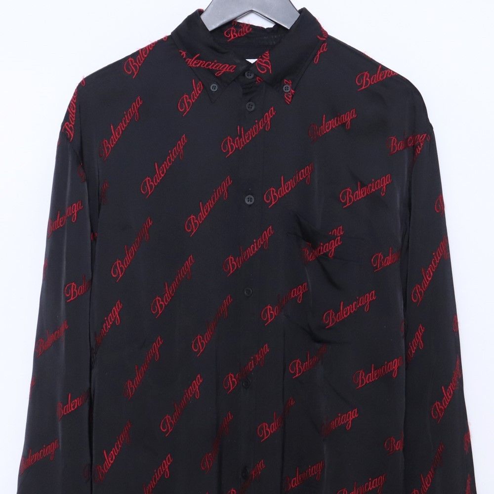 BALENCIAGA オールオーバーロゴ刺繍長袖シャツ サイズ34 ブラック
