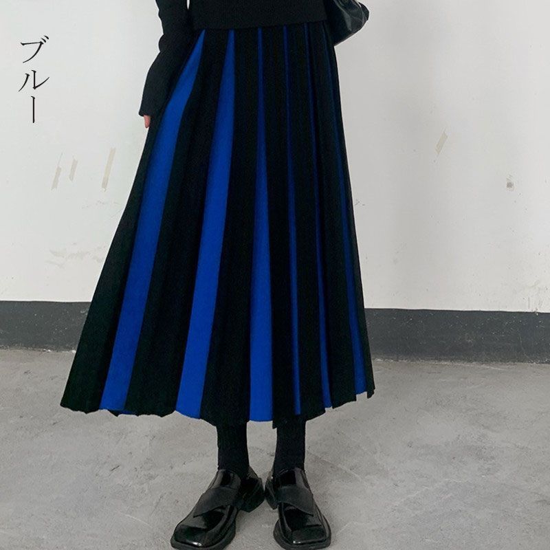 プリーツスカート ロング丈 ニット 秋冬 レディース ストライプ A  