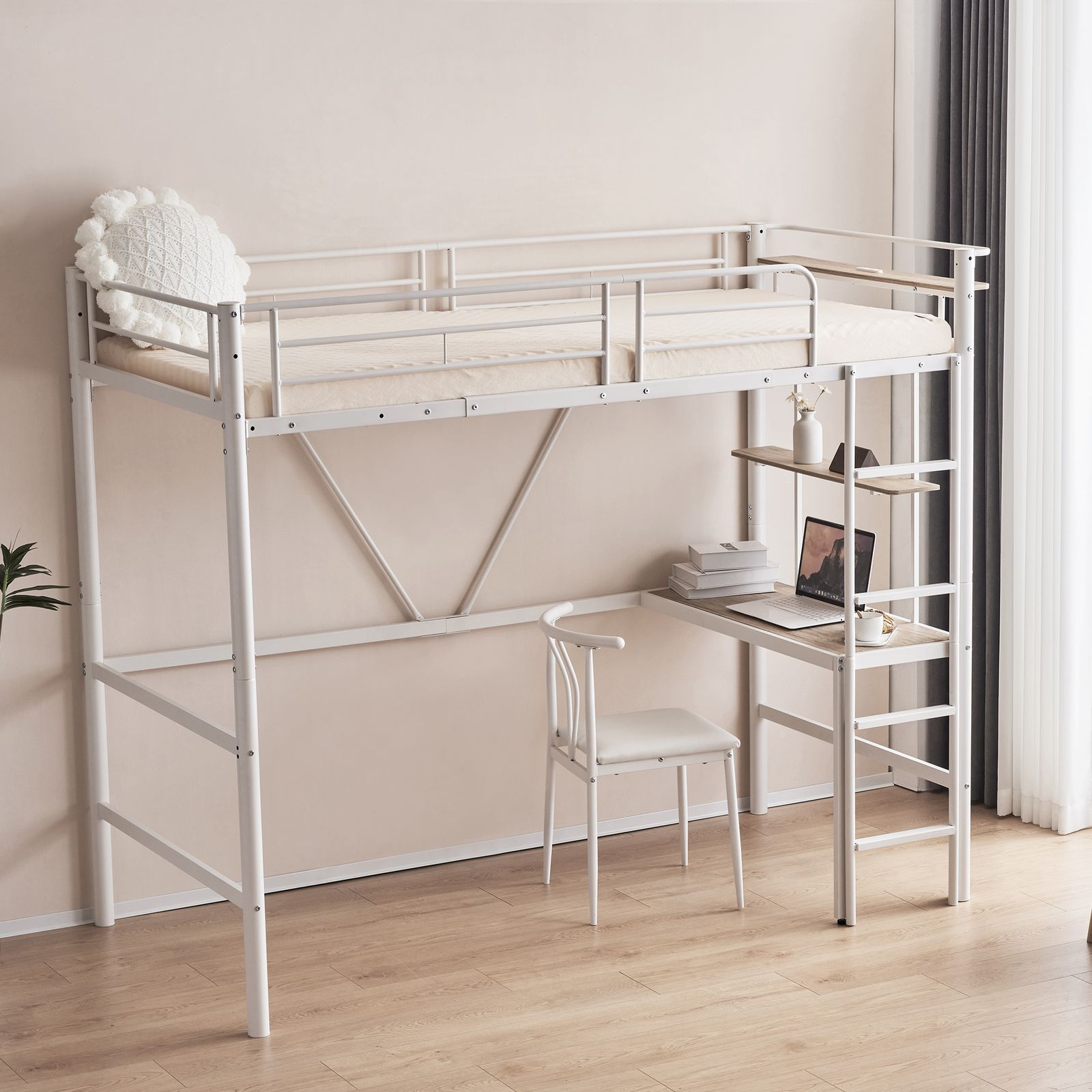 ロフトベッド 机付き パイプベッド シングル 木 デスク付き コンセント付き 耐荷重150kg 高さ170cm 収納棚 ロフトベッド ハイタイプ はしご付き 北欧風 子供部屋 スチール 耐震 ベッド パイプ