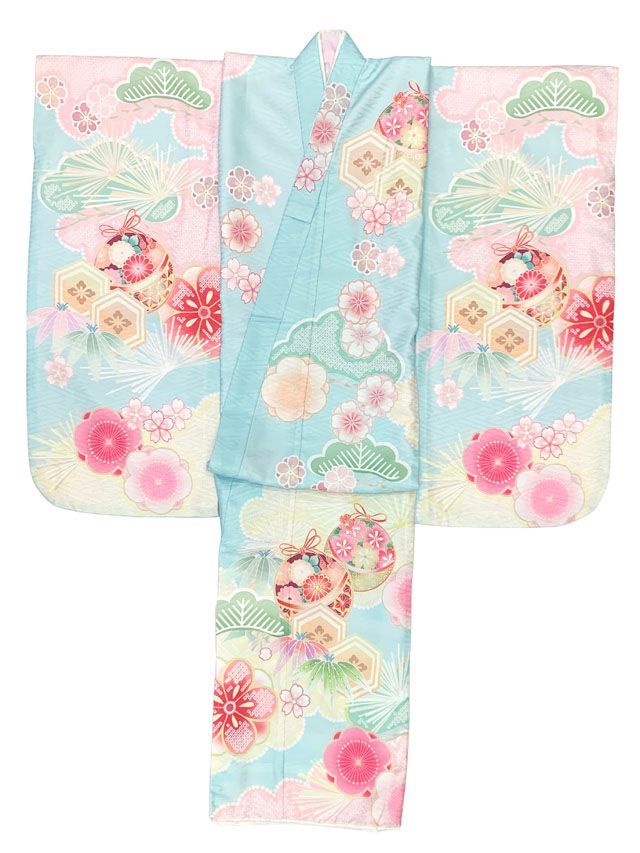 七五三 着物 7歳 女の子 式部浪漫ブランド 絵羽柄の着物 四つ身 子供振袖 単品 合繊 水色 鞠梅 SR7pea-2502tan