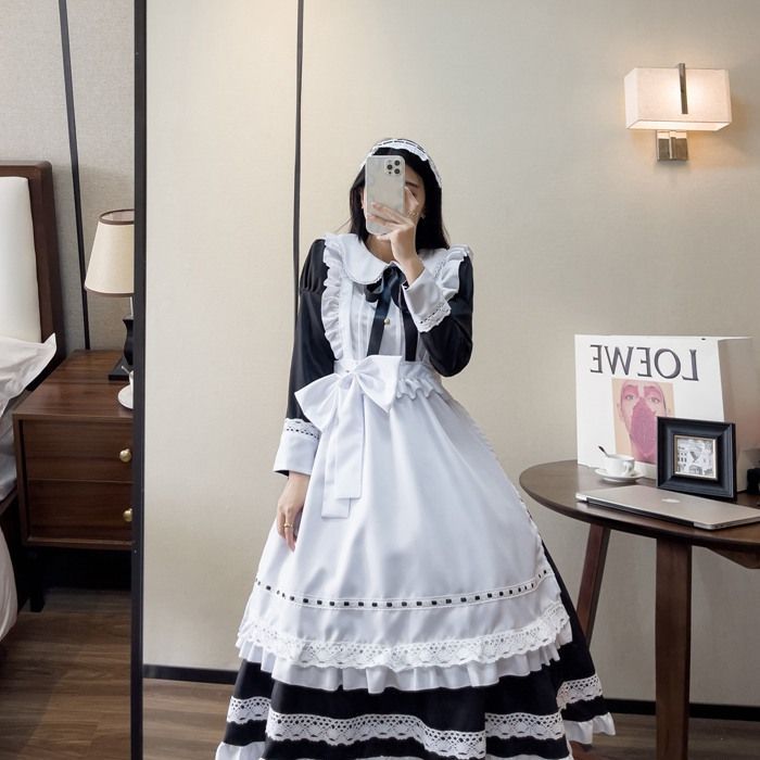 ロリータワンピース メイド服 ゴスロリ コスプレ イギリス風 レース リボン メイド コスチューム ロング 長袖 メイド服 レース 英国 ハロウィン  メイドカフェ 喫茶店 仮装 女装 大きいサイズ メルカリ