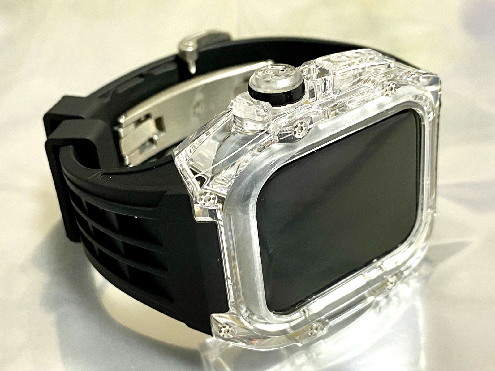 ブラック アップルウォッチバンド ラバーベルト カバー Apple Watch ウルトラ ultraクリア ケース 49㎜