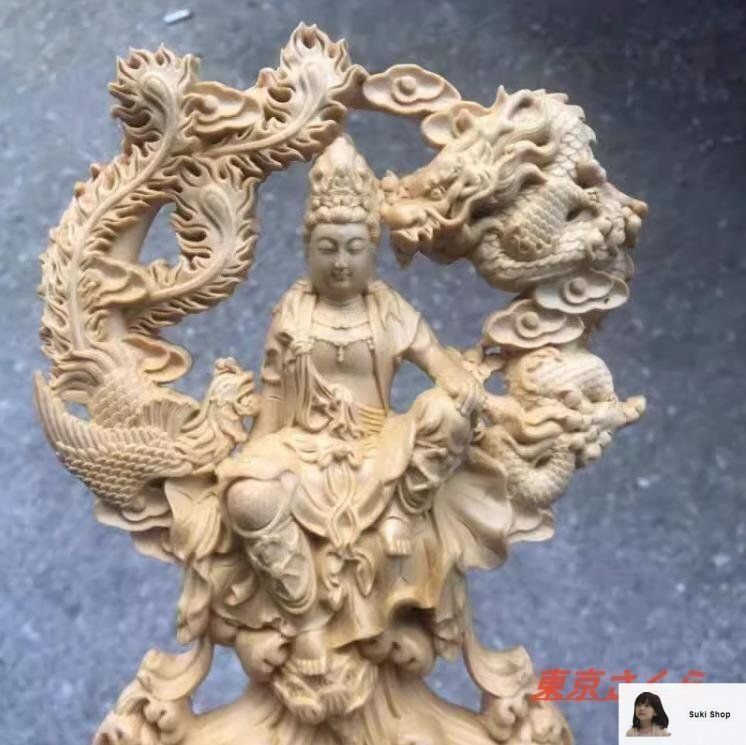 木彫 観音菩薩 木製 龍 彫刻 仏像 天女 置物 オブジェ 仏像 観音菩薩像