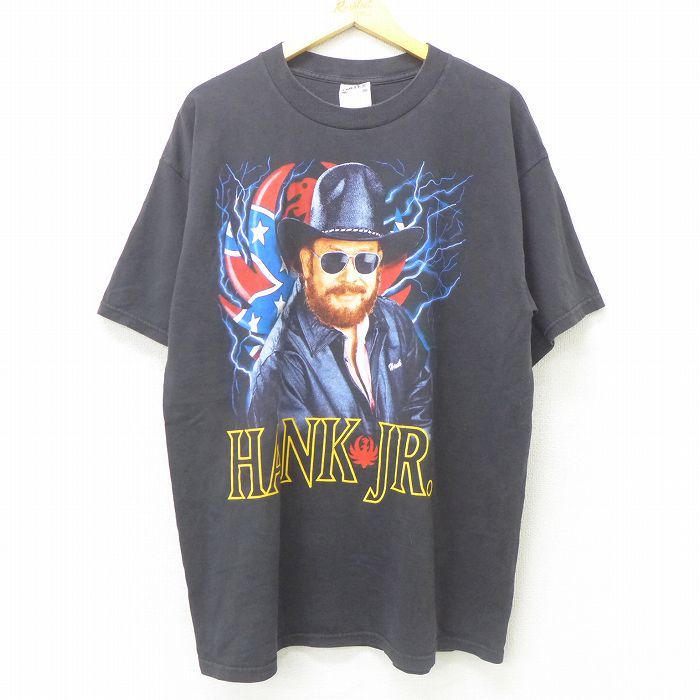 XL/古着 半袖 ビンテージ ロック バンド Tシャツ メンズ 90s ハンクウィリアムズジュニア 大きいサイズ コットン クルーネック 黒 ブラ