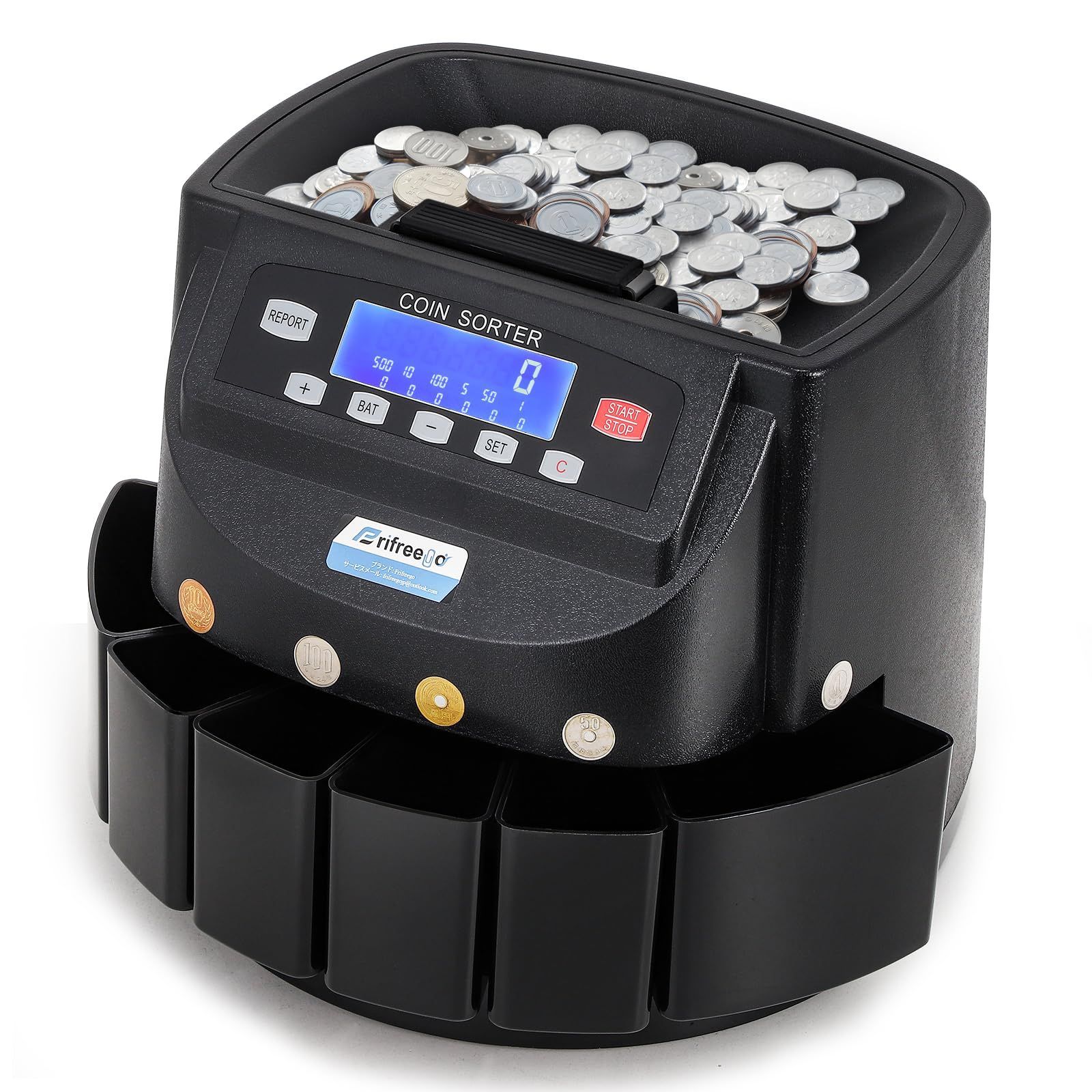 Frifreego コインカウンター 自動 硬貨計数機 高速コイン計数機 LCDデジタル表示 最大280枚|分 最大600枚入れ 経理 事務所 コンビニ スーパー 業務用 日本語取扱説明書