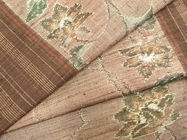 平和屋着物▽小千谷ちぢみ 単衣 花唐草間道 正絹 AABB2213fy