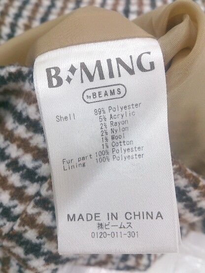 ◇ B:MING LIFE STORE BEAMS キッズ 子供服 フェイクファー 千鳥格子 長袖 コート サイズ120 ブラウン マルチ レディース P  【1308040008086】