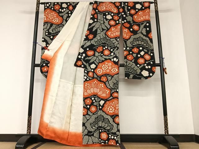 平和屋着物○豪華振袖 絞り 花松文 黒地 金彩 正絹 逸品 AABA0347zg