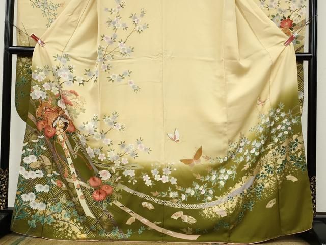 振袖フルセット(7点)・やまと誂製・古典柄・金駒刺繍・飛鶴・正絹・身幅広め 平和屋着物○豪華振袖 駒刺繍 鼓飛鶴花蝶文 暈し