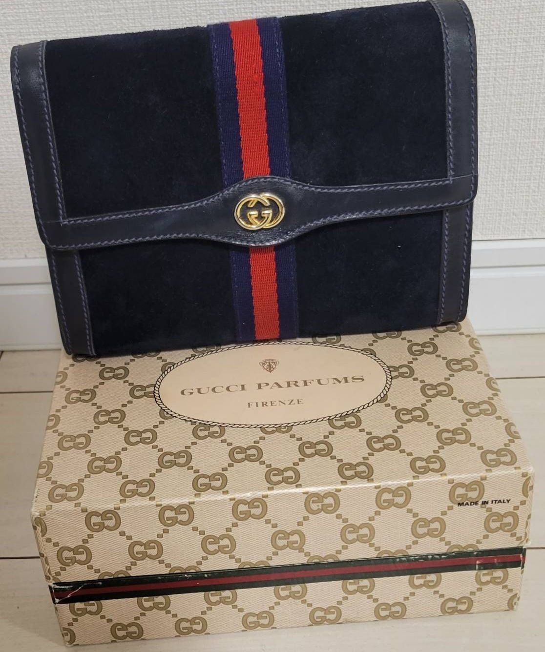 GUCCI グッチ　シェリーライン　GGモチーフ　スエード×レザー　クラッチバッグ　ネイビー　vintage　ヴィンテージ　オールドグッチ　hdkcg3