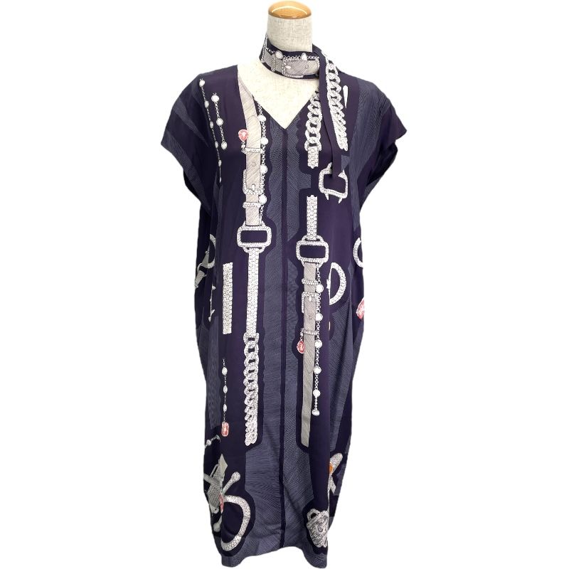 エルメス HERMES ベルト柄シルクワンピース パープル シルク レディース ワンピース