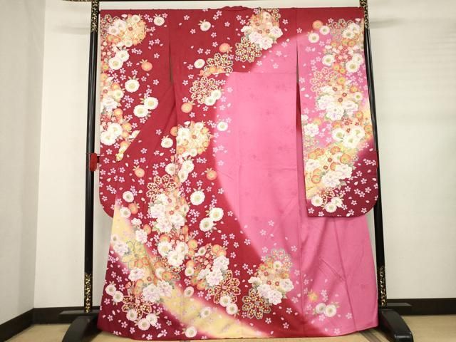 平和屋着物●豪華振袖 舞花文 暈し染め 金彩 銀通し地 正絹 AABB7324ck