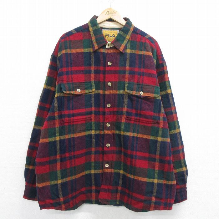 XL/古着 フィラ FILA 長袖 ウール シャツ メンズ ヒジ当て 大きいサイズ ロング丈 赤他 レッド チェック 内側キルティング 23dec21 中古 ト
