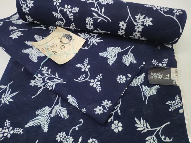 平和屋本店 夏物 竺仙鑑製 浴衣 反物 着尺 綿絽 草花 紺地 証紙付き 綿 ♥ DZAA11286kh5