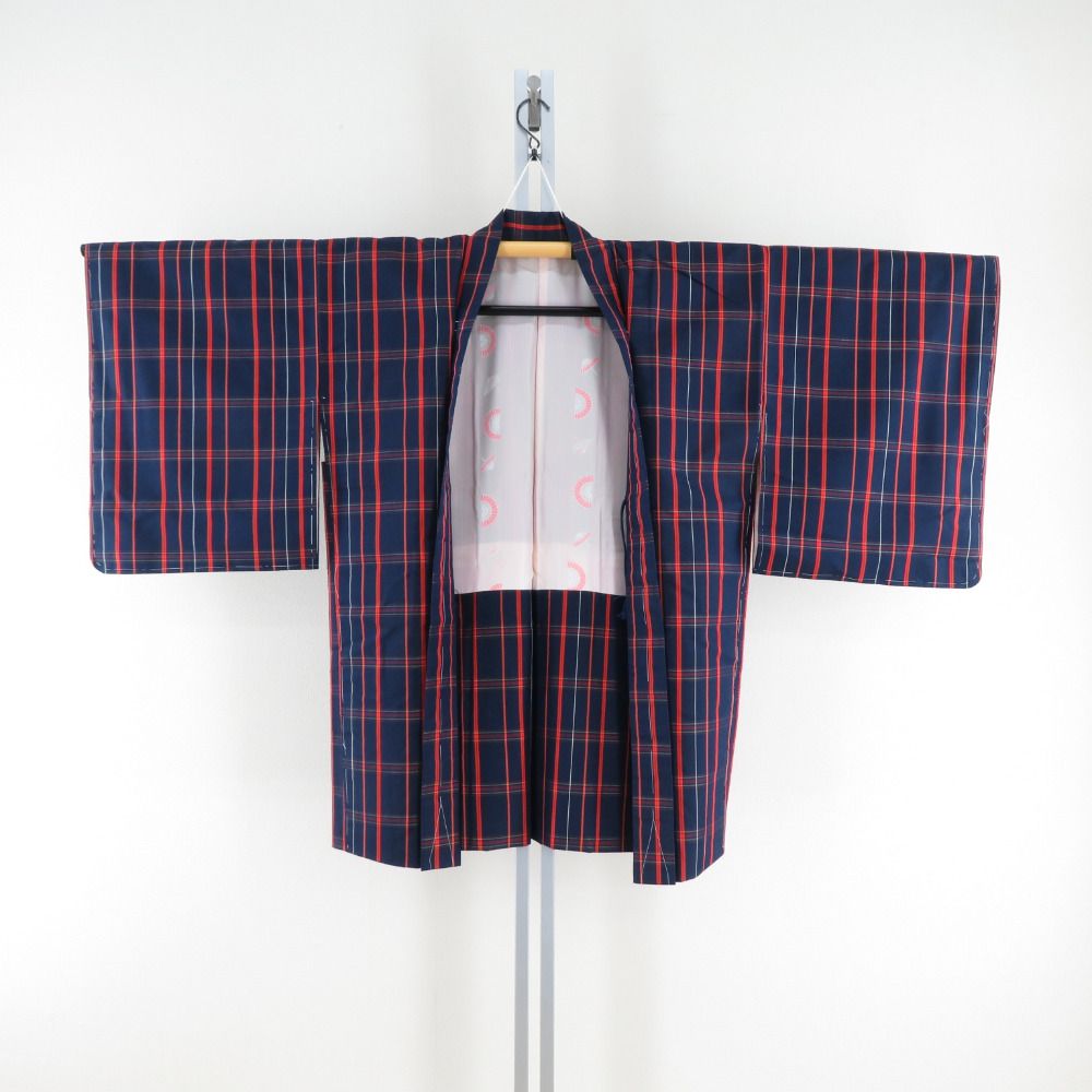 紬 着物 アンサンブル 羽織付き セット 格子模様 袷 バチ衿 紺色x赤色