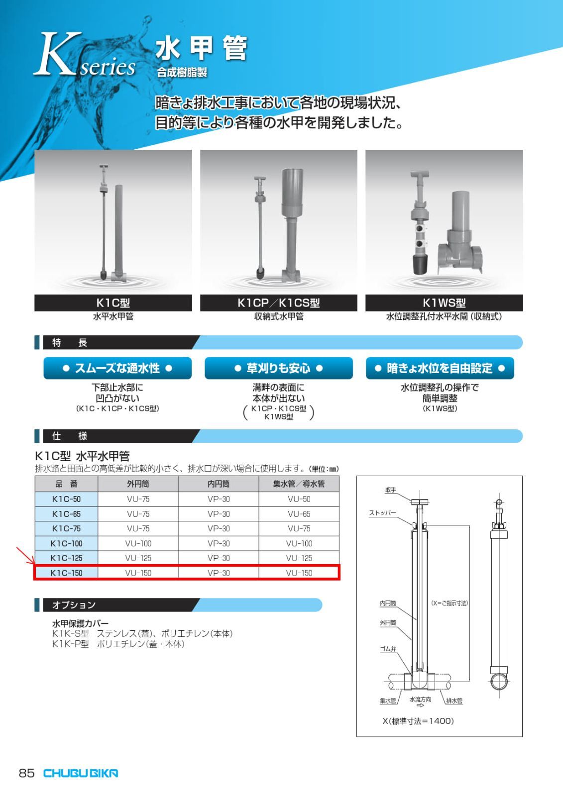 水平水甲管 K1C-150 中部美化企業 長さ1400mmまで
