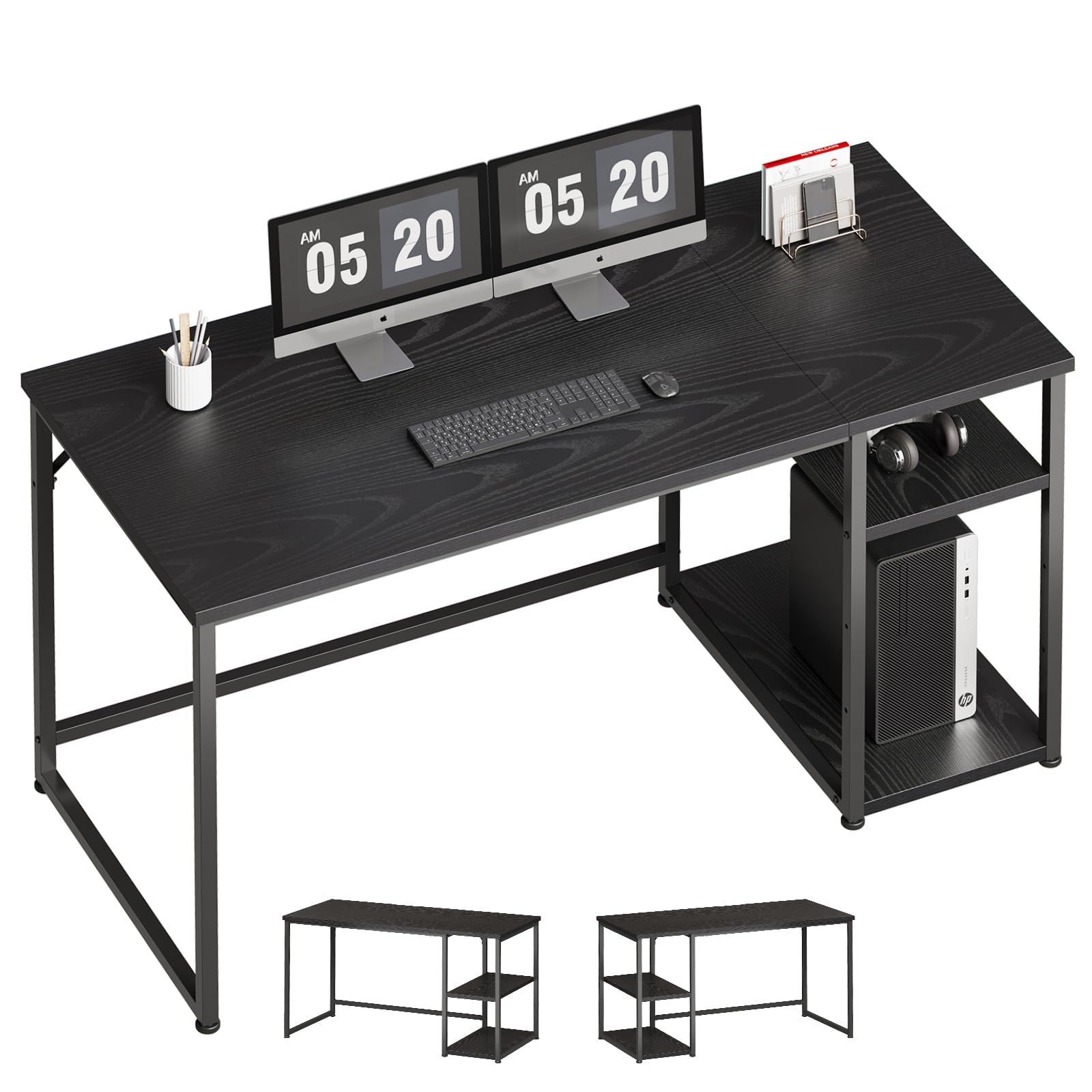 人気商品 ラック付き パソコンデスク pcデスク Maihail ゲーミング 机 カウンター テーブル スタンディングデスク 勉強机 家具 パソコンラック table 学習机 収納 幅140*奥行60cm 黒い SZ123HFD スチールウッド簡易棚付きデス