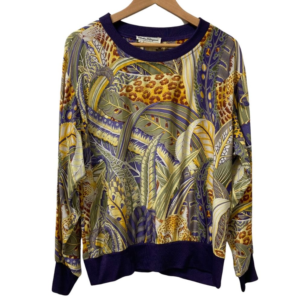 Salvatore Ferragamo サルヴァトーレフェラガモ 総柄 シルク カットソー サイズM パープル レディース 古着