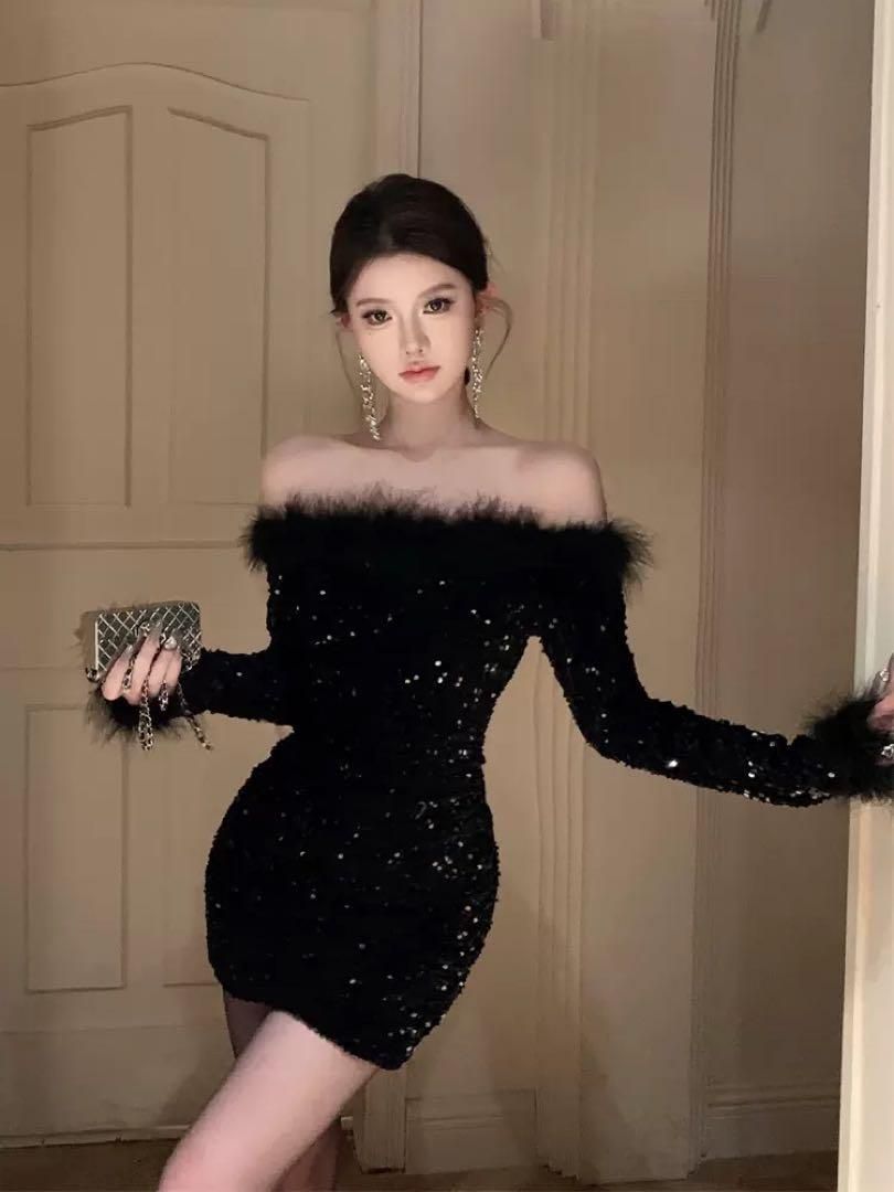 大人セクシー❤️タイトミニドレス　パーティー用オフショルダー✨ファーデザイン 大人セクシー??タイトミニドレス パーティー用オフショルダー