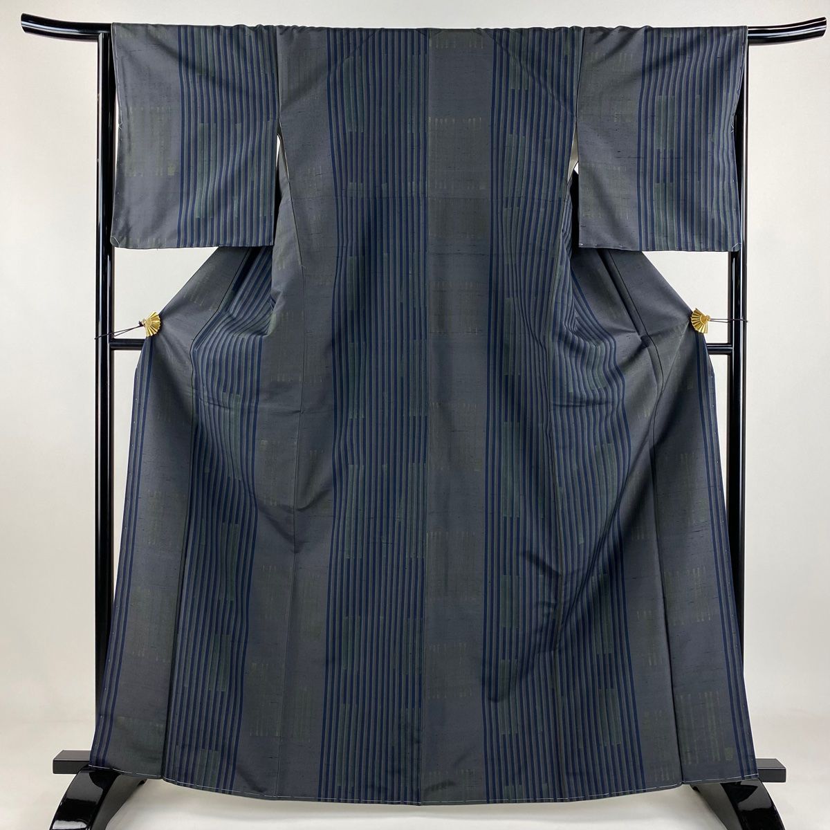 小紋 身丈164.5cm 裄丈66cm M 袷 紬地 縦縞 灰紫 正絹 名品
