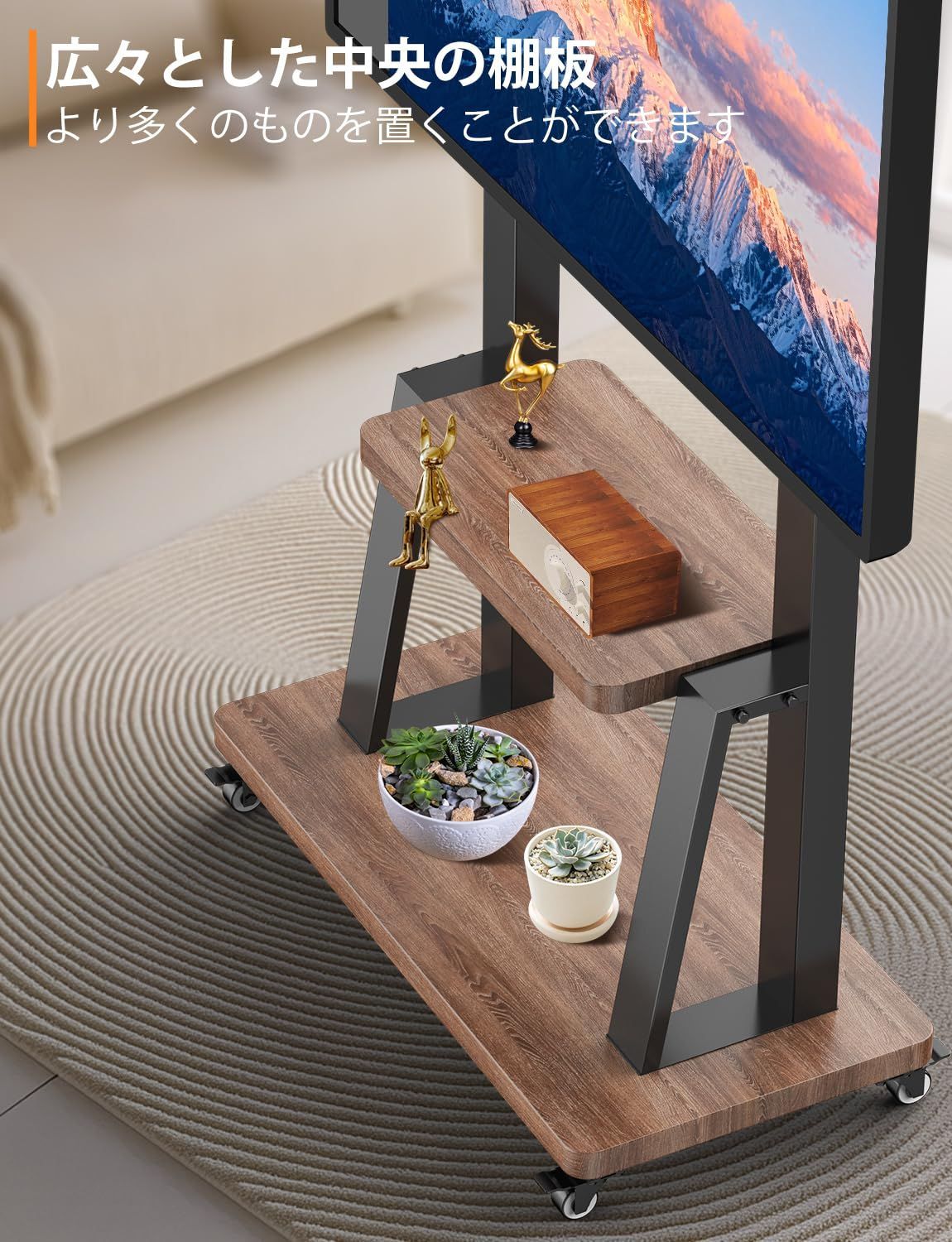木製板付き cart stand tv tv台 高さ調整 98型テレビ移動台テレビ棚 90 86 85 80 75 70 65 60 58 55 耐荷重80KG50 mm 200x200-900x600 VESA 自立型テレビ台床置き 大型 可動 WWW_MEBLE-SODAR_PL