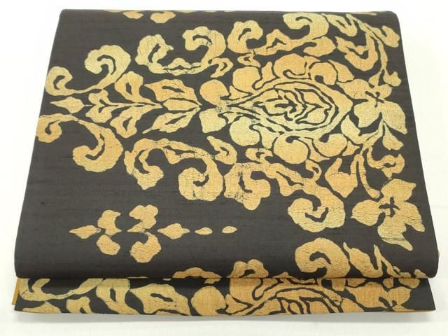 平和屋着物●全通柄京袋帯　紬地　ろうけつ染め　花唐草文　正絹　逸品　DAAW6809ob 平和屋着物○全通柄京袋帯 紬地 ろうけつ染め 花唐草文 正絹 逸品