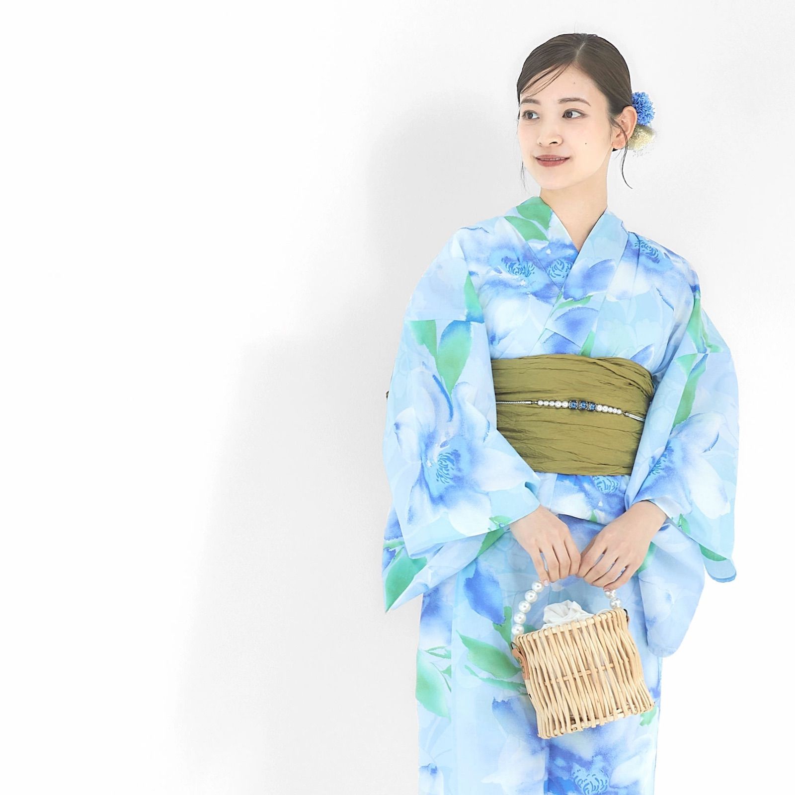 レディース 浴衣 単品 【 水色 ブルー 水彩風 花柄】上品 きれい