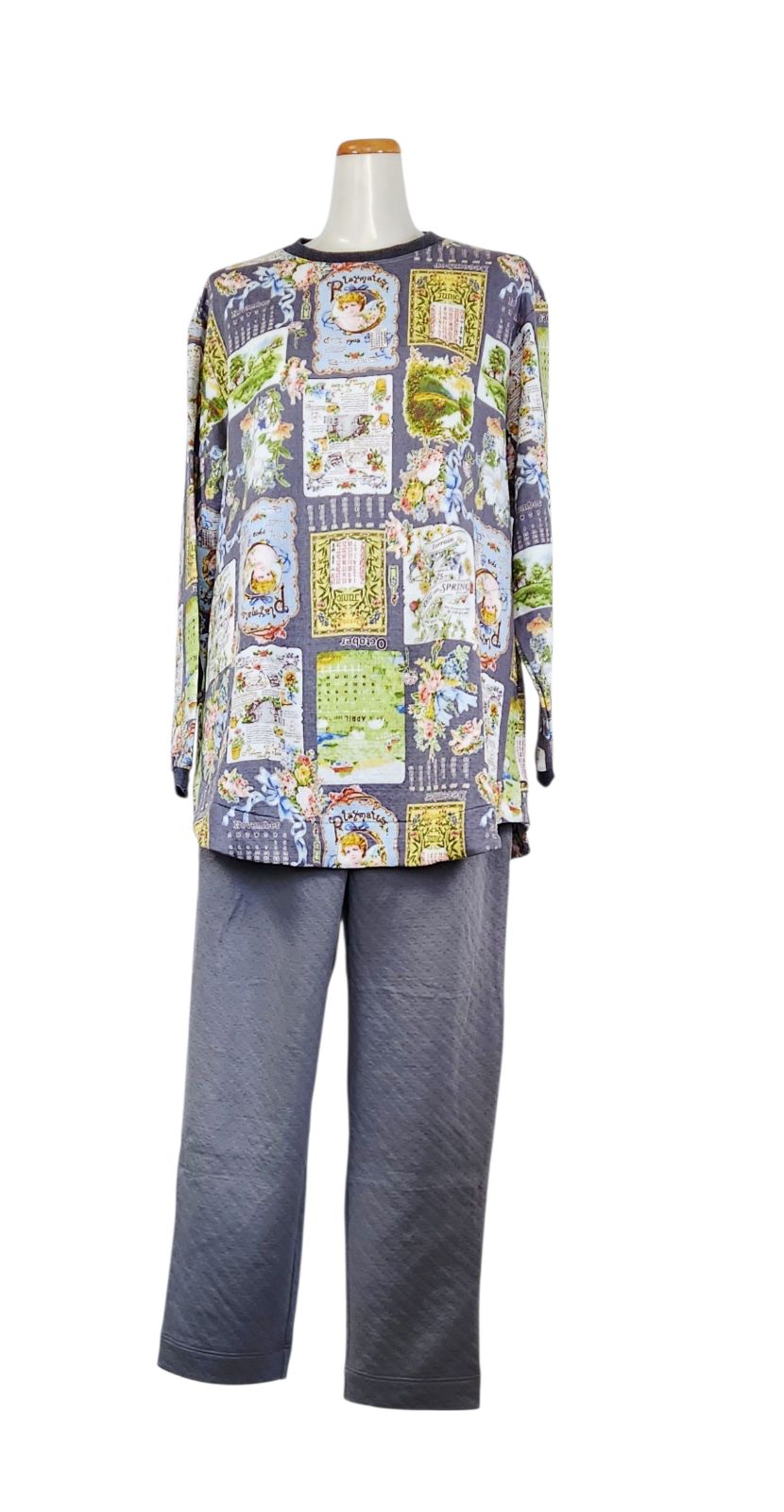 鴨居羊子パジャマ TUNIC 秋冬物 長袖 丸首トレーナーパジャマ キャットキルト カレンダー グレー色 43401