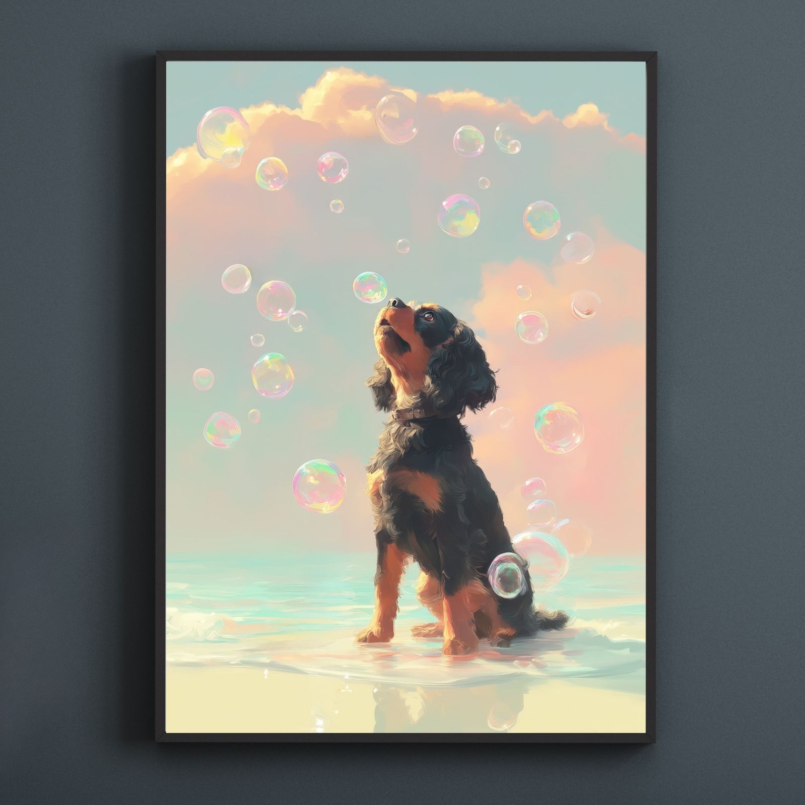 名入れOK 犬とシャボン玉 - キャバリア キングチャールズ スパニエル犬 No.3 ブラックタン アートポスター ペットロス うちの子記念日 北欧 ナチュラル