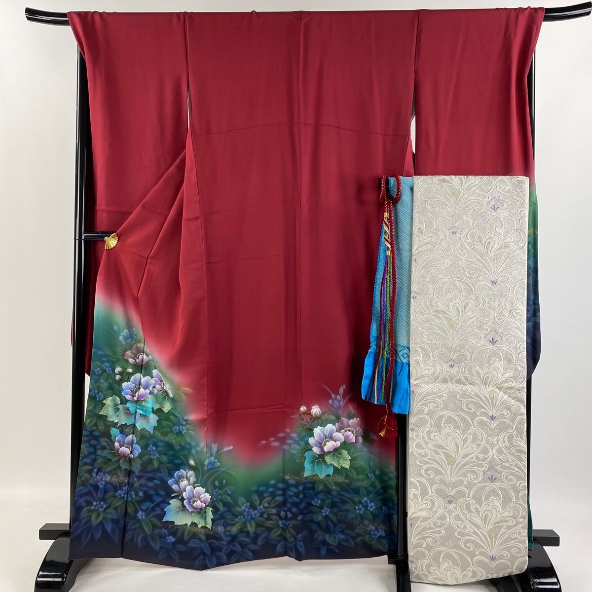 振袖フルセット 裄69.2cm 身丈163cm 辛子色正絹 L サイズ 2745 振袖 身丈163.5cm 裄丈69cm L 袷 袋帯フルセット 落款 草花 金彩
