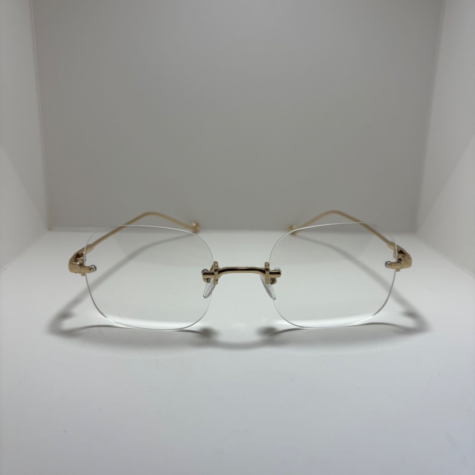 新品リムレスメガネ/眼鏡・近視度付(－4.0 &－3.5）ゴールド & シルバー セミオーダー 老眼鏡 リーディンググラス ツーポイント リムレス
