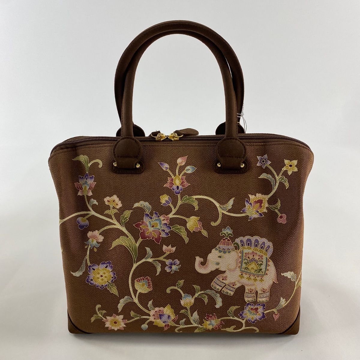 和装バッグ 美品 逸品 OKAJIMA 共箱付　象 花唐草 金彩 正絹 和装小物 和装バッグ 美品 逸品 OKAJIMA 共箱付き 象 花唐草 金彩 茶色 正絹