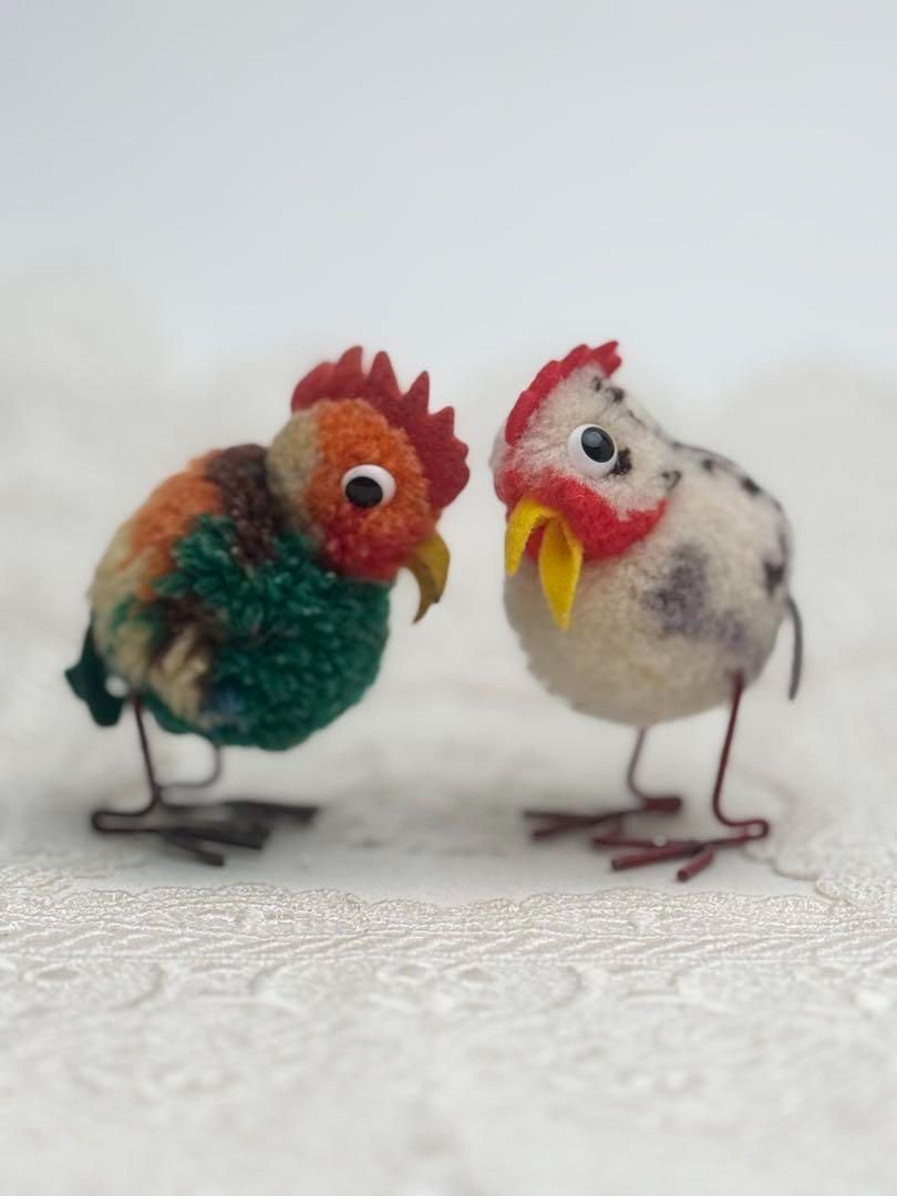 シュタイフ Woolen Rooster Hen ぽんぽんニワトリ ペア ビンテージ アンティーク Steiff