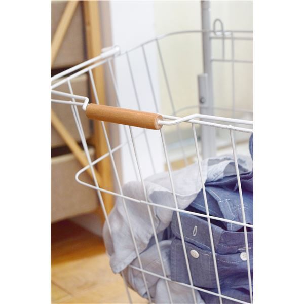 ランドリーバスケット 洗濯かご 幅37cm 2段 ホワイト 取り外し式かご 木製取っ手 キャスター バスケットワゴン 組立品 脱衣所