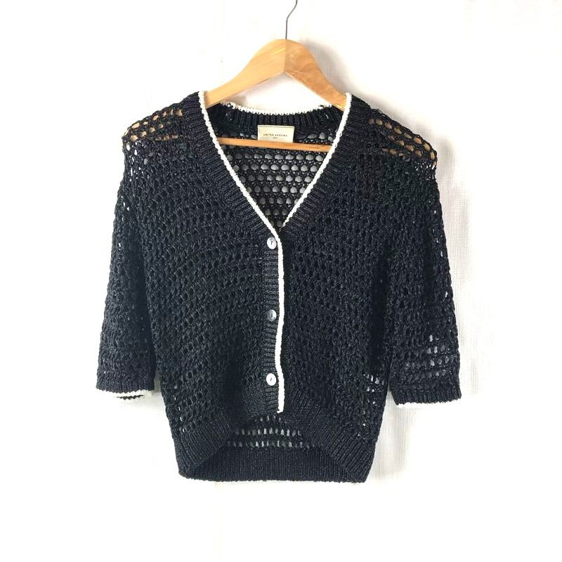 UNITED ARROWS 半袖カーディガン 黒 新品タグ付き　再お値下げ セオリア】レースカーディガン13AR L相当 黒 ショート丈 半袖