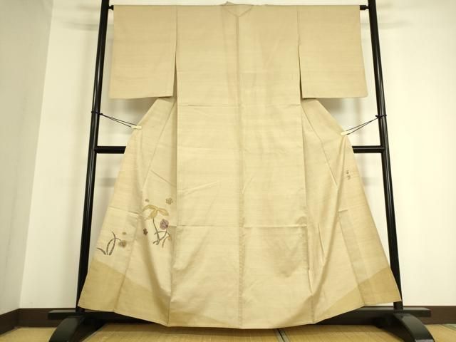 平和屋着物▽西陣　宮階織物　宮繍苑　里葉　付下げ　単衣　紬地　草花文　正絹　逸品　DAAQ3565az 平和屋着物▽西陣 宮階織物 宮繍苑 里葉 付下げ 単衣 紬地 草花文 正絹
