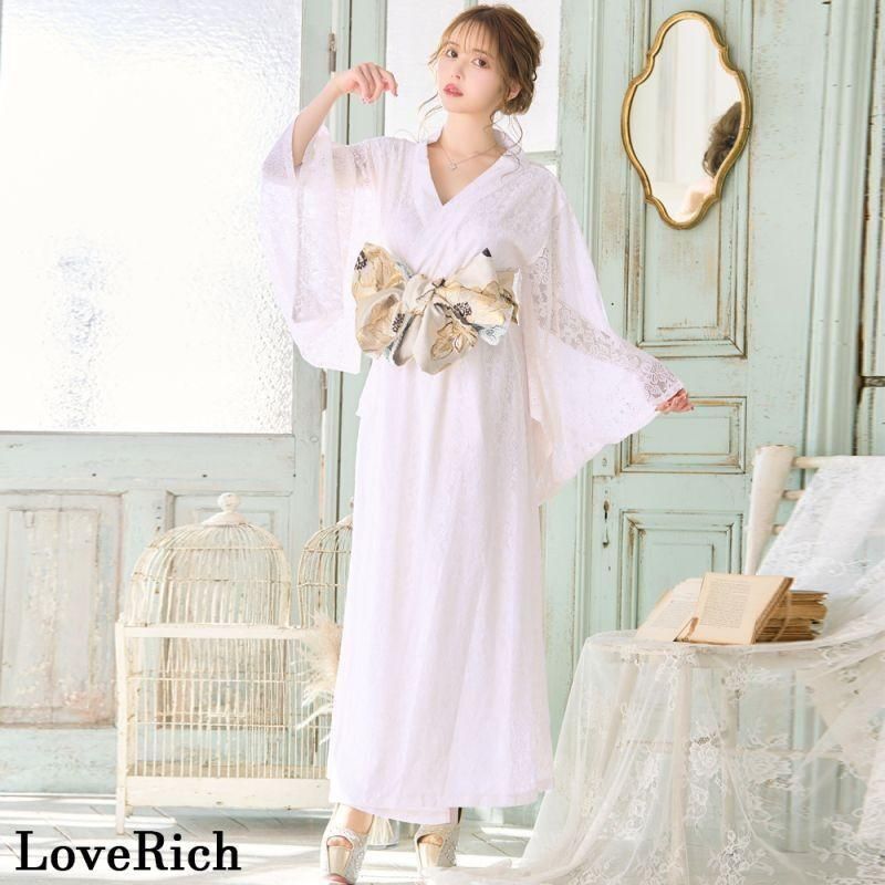 ラブリッチ⭐︎キャバドレス 花魁 浴衣 コスプレ ホワイト フリーサイズ LoveRich ラブリッチ 【4カラー/2点セット】総レース ロング 美
