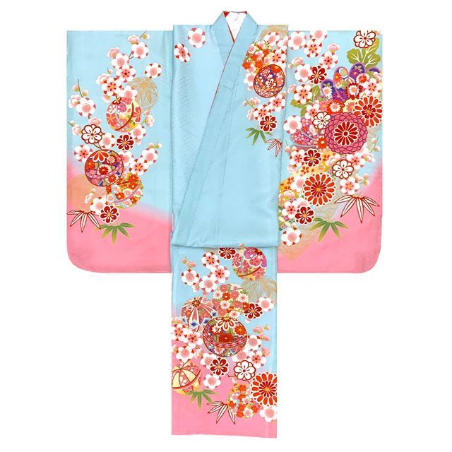 411ag35◎七五三 七歳 女児 着物&袋帯 絞り染め風 古典柄 鞠◎美品