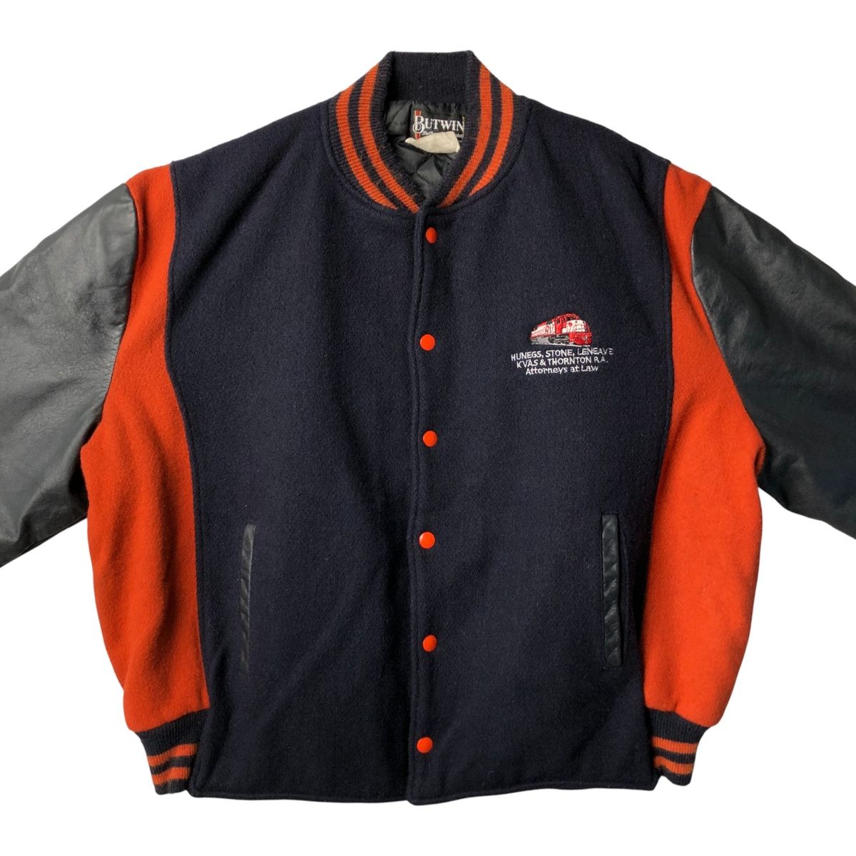 古着 80年代 バトウィン BUTWIN 中綿入り 袖革ウールボタンスタジャン  