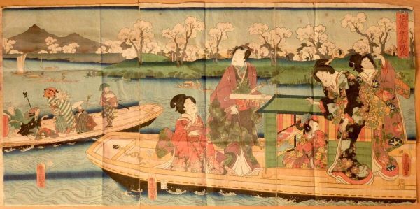 真作 豊国画 花鳥乗合源氏 歌川国貞 江戸時代 浮世絵 獅子舞 美人画 船遊び 木版画 刷物 S２y
