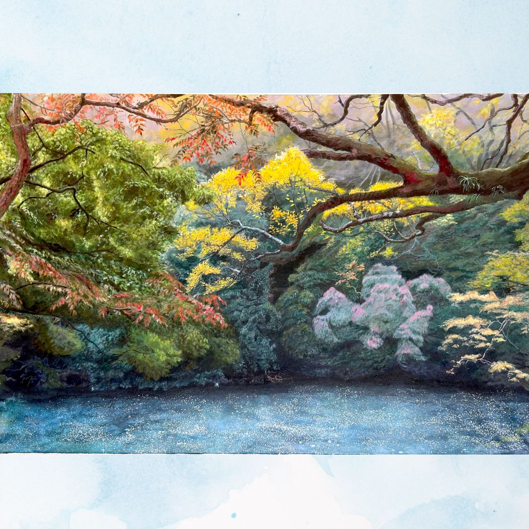 風景画|紅葉の風景 紅葉の山里 アクリル画|B2|額なし 福家佳則作品|2021年制作 香川県|栗林公園 柔らかくて優しい絵