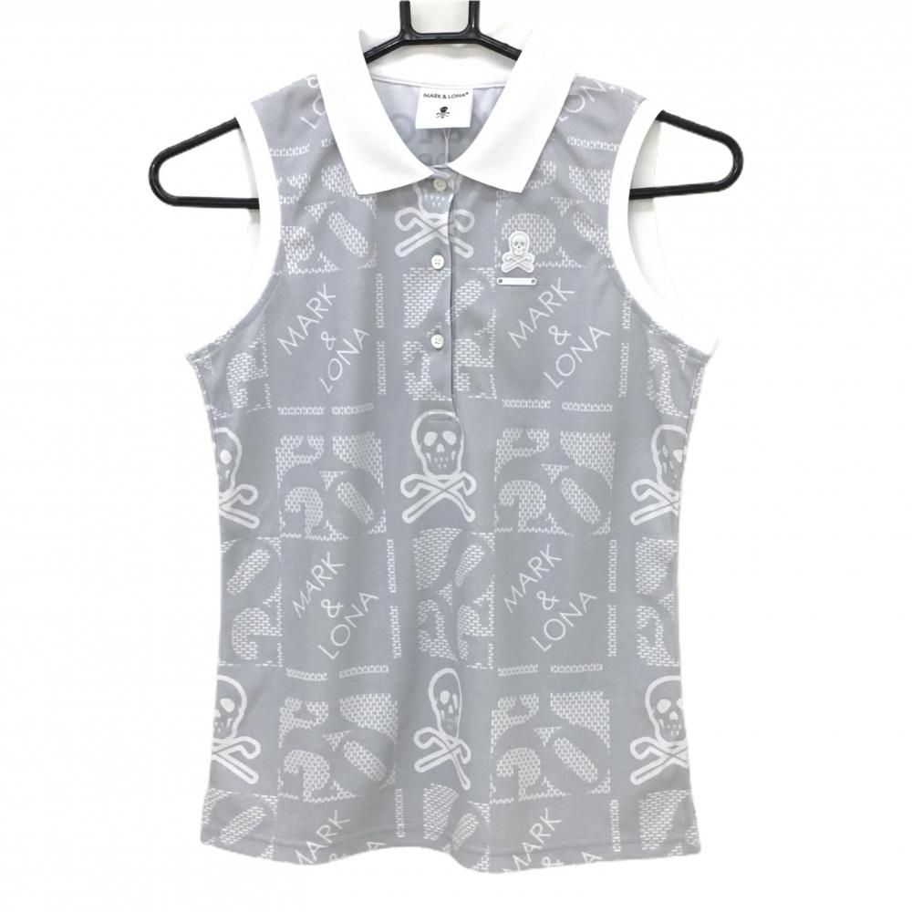 価格 マークアンドロナ ノースリーブポロシャツ ライトグレー×白 総柄 スカル レディース 36 S ゴルフウェア 2025年モデル MARK＆LONA