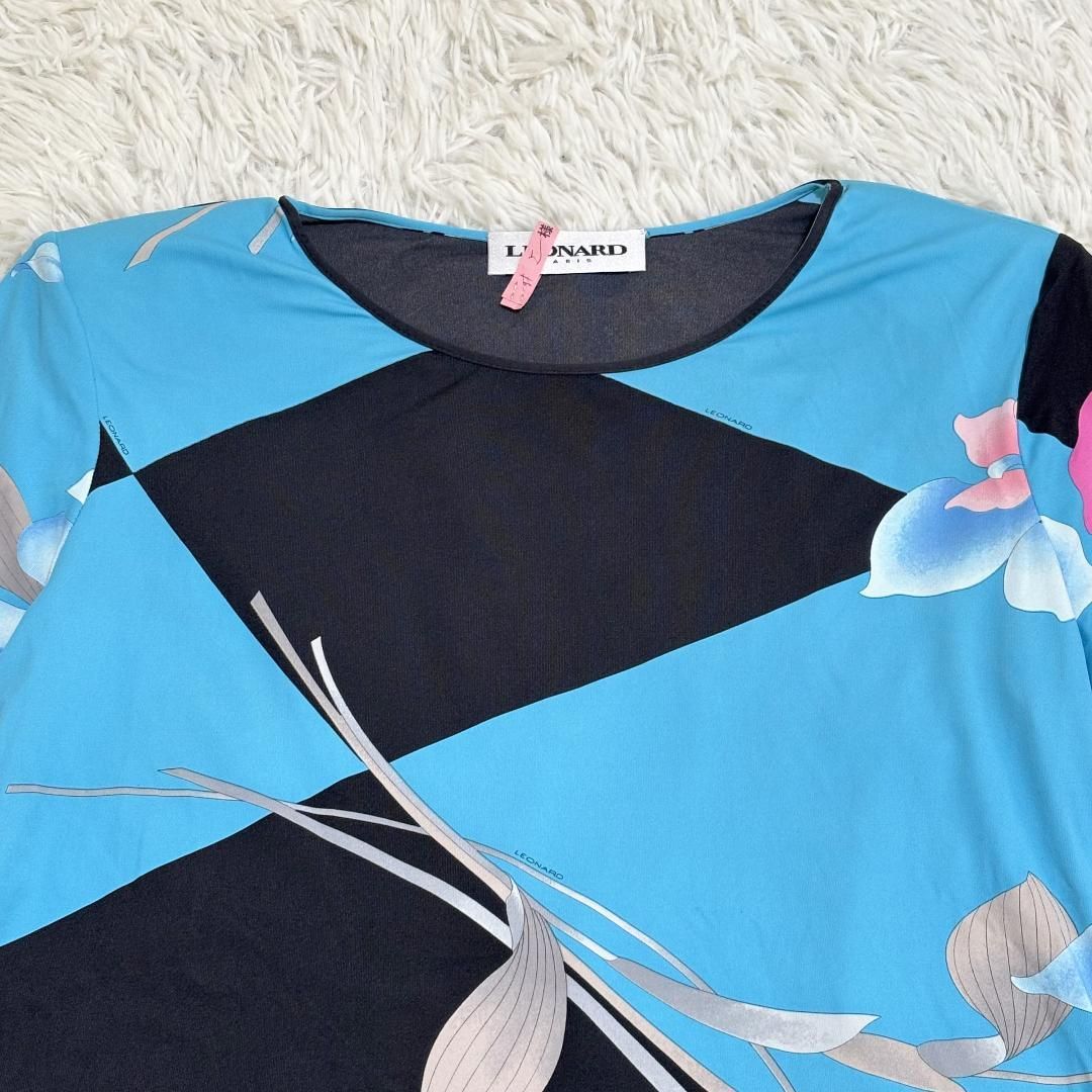 LEONARD ポリアミドカットソー 38 ブルー 百合柄