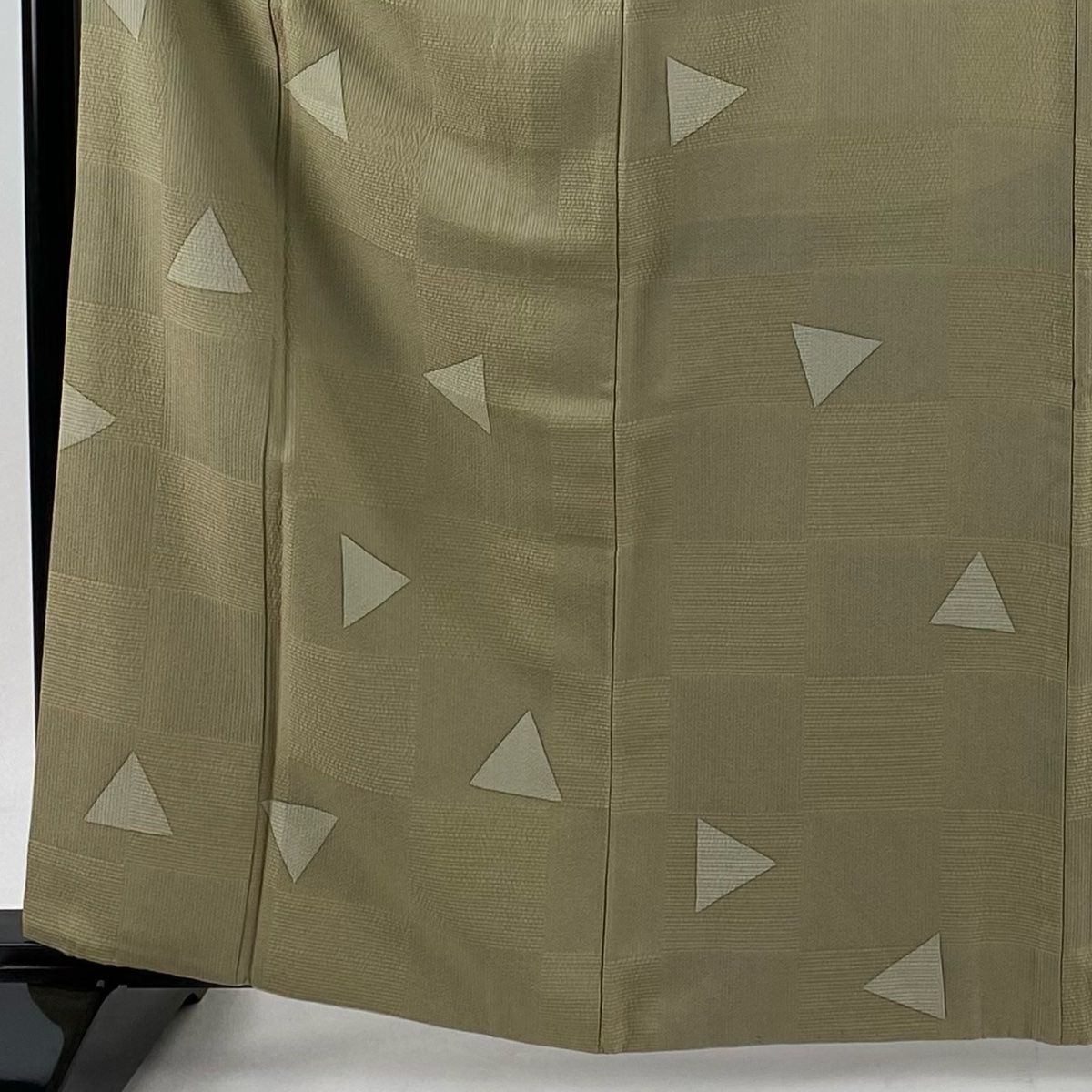 小紋 身丈165cm 裄丈65.5cm M 袷 三角柄 市松 灰緑 正絹 秀品