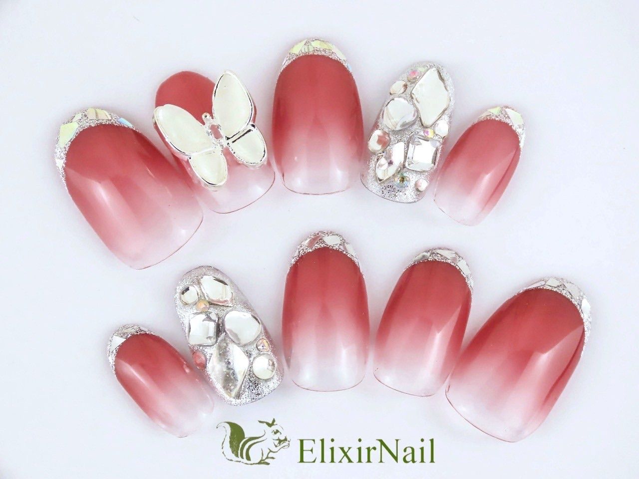 現品】ネイルチップ 赤 ガラスフレンチ 埋め尽くし バタフライ