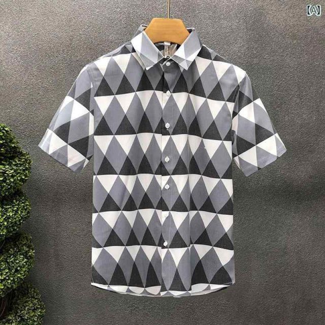 [3XL]秋冬 コーデ メンズ  服 シンプル ファッション オシャレ 大人 かっこいい 大きいサイズ ストリート 紳士服 技術 菱形 半袖 シャツ スリム フィット 五分袖