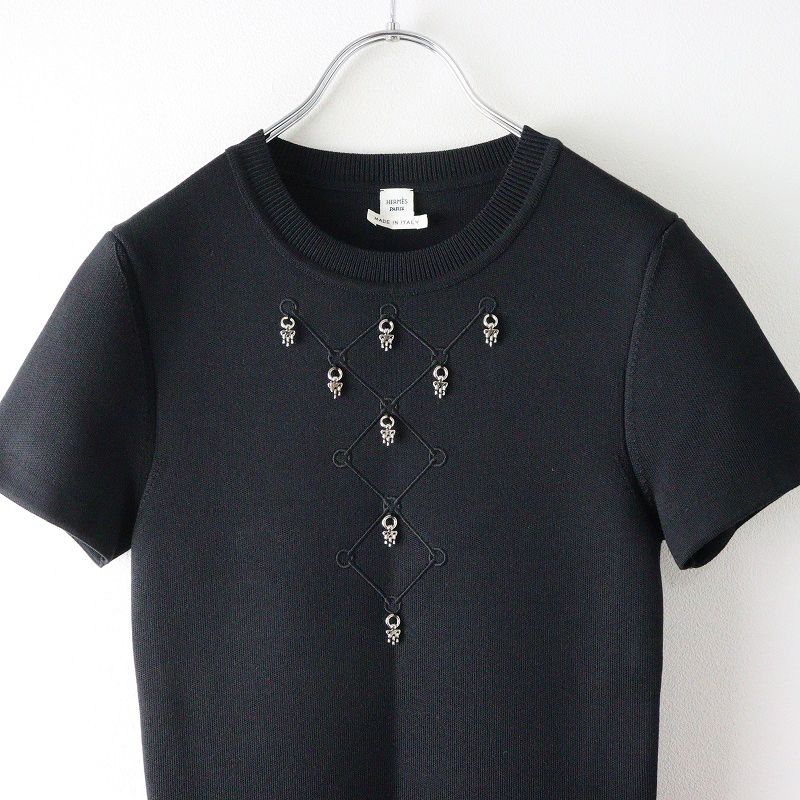 2025 SS エルメス HERMES チャーム装飾付き シルク混 ショートスリーブニットワンピース 34 ブラック 黒 半袖